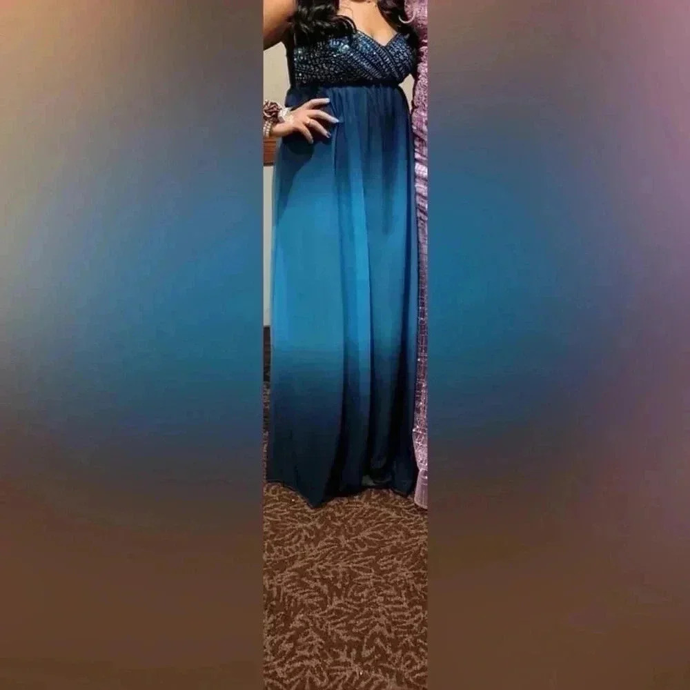 Strapless Blue Rhinestone Ombré Prom Dress - Picture 5 of 5